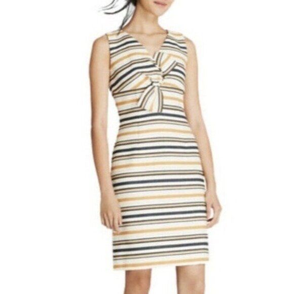 Brooks Brothers Womens Cream Striped Sleeveless Sheath Dress Twist Bow size 0 - Picture 1 of 11